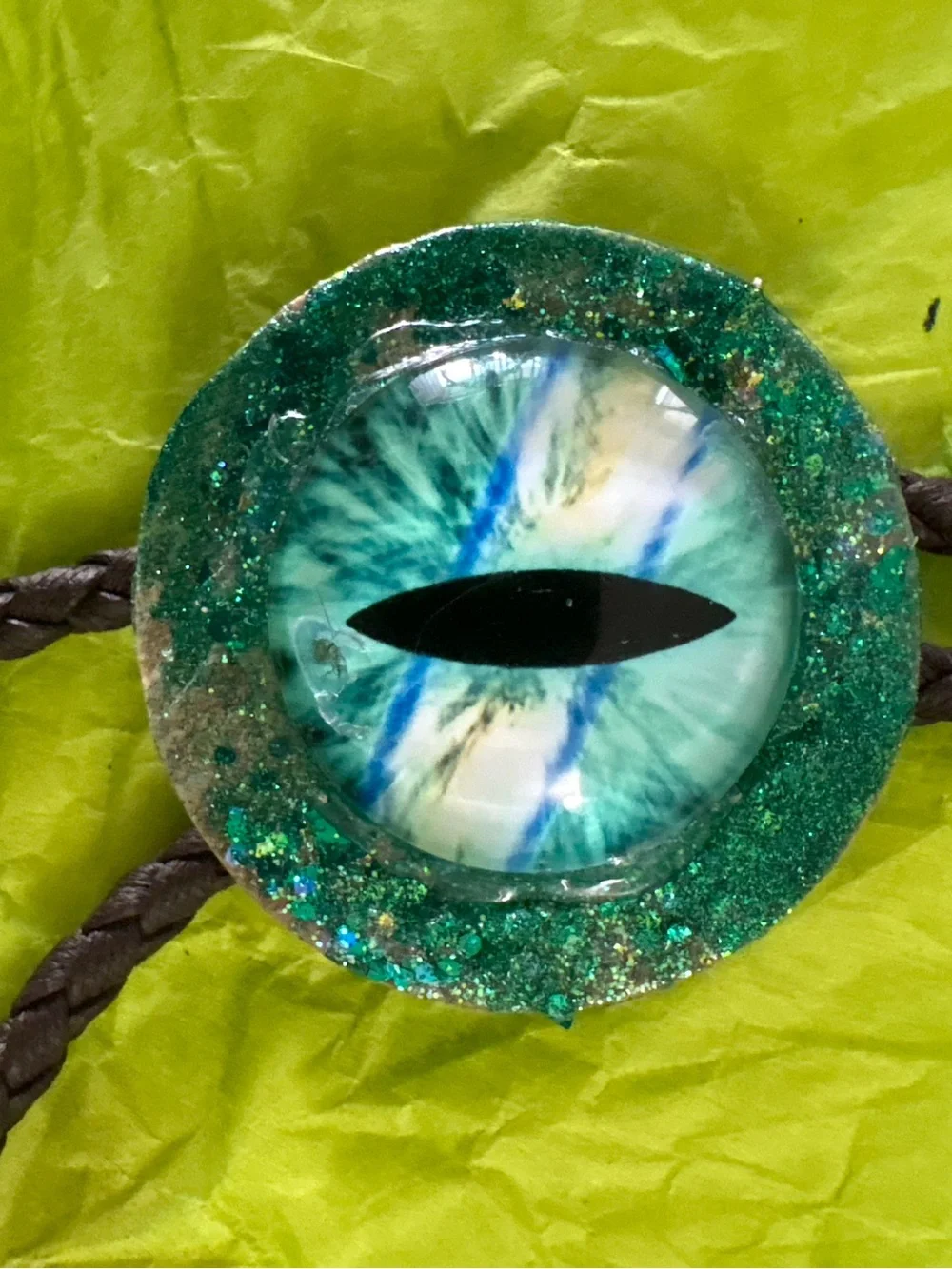 Handmade Dragon Eye Pendant Necklace in Teal and Aqua Bolo Tie